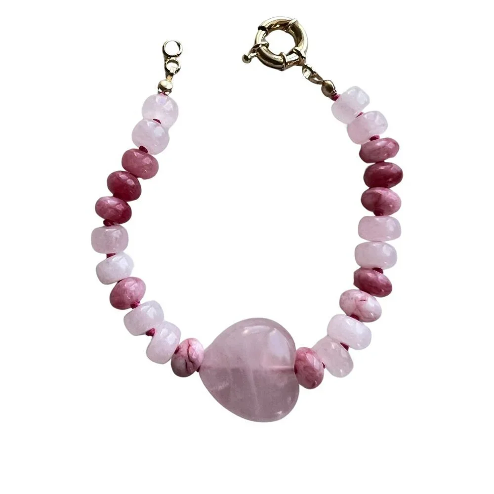 Pink Jade  Rose Quartz Heart Gemstone Bracelet Handcrafted Gold Filled Clasp